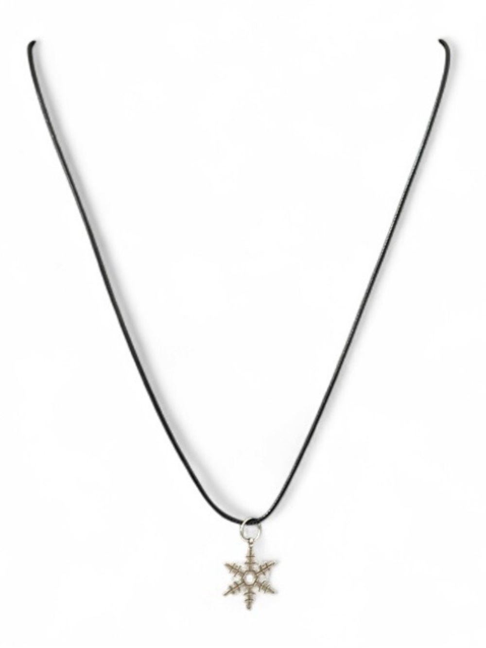 Silver Tone Snowflake Pendant Necklace Black Leather Cord Winter Holiday Jewelry